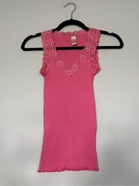 Y2K Banana Republic Lace Trim Pink Ribbed Tank Top Early 2000’s Fitted Feminine